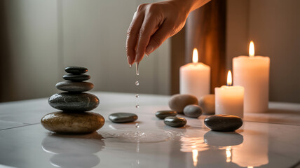Hand dripping water on stacked stones near candles creating a zen like atmosphere for relaxation