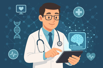 Doctor with tablet and digital interface for modern healthcare. Telemedicine, medical technology, EHR concept. Future of medicine with brain, DNA, heart icons. Vector illustration.