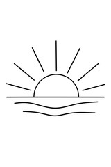A minimalist black and white line drawing of a sun rising or setting over water, with radiating lines for light and gentle waves below the horizon.
