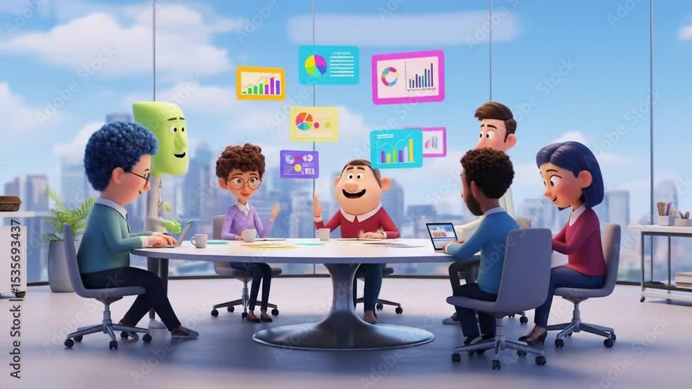 Poster animated diverse business team collaborating in modern office with data visuals