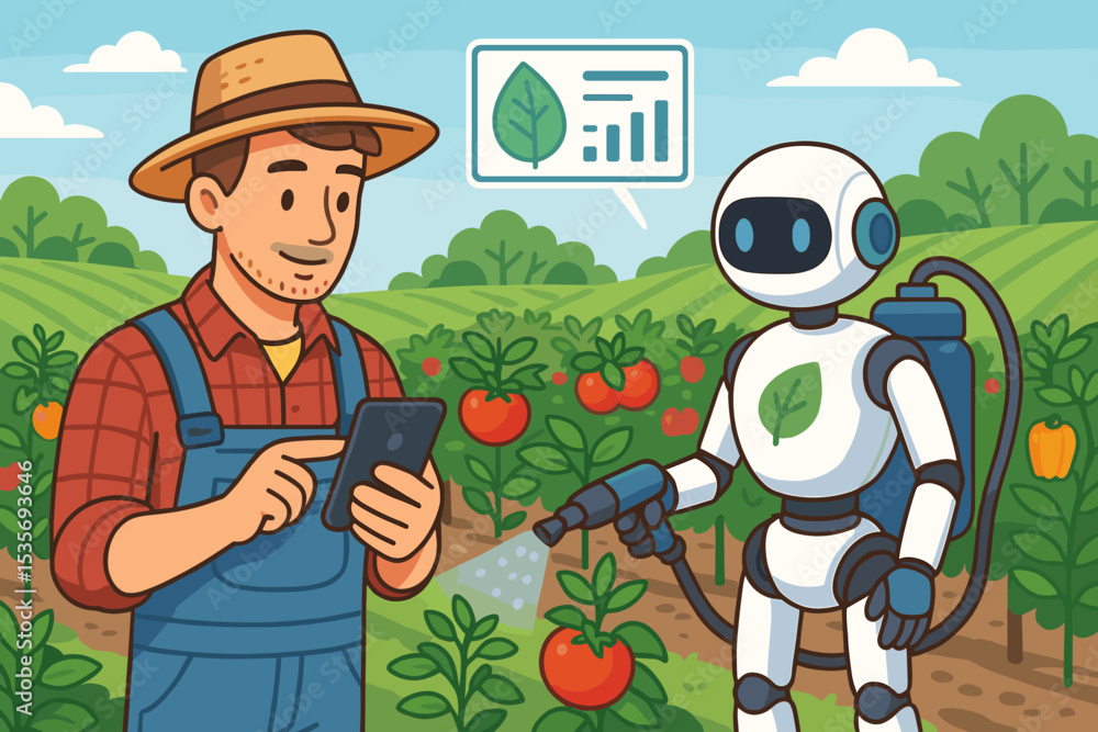 Aufkleber smart farming concept with robot assistant. farmer uses tablet for ai data analysis and crop monitor