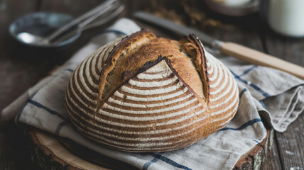 A loaf of sourdough bread on a blue and white checkered cloth on a wooden surface in a kitchen