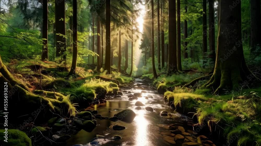 Poster sunlight filtering through evergreen trees, creating a serene and scenic forest stream landscape