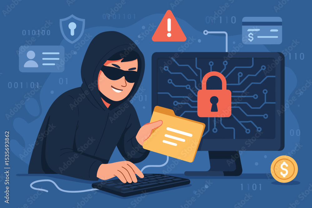 Aufkleber hacker at computer stealing data concept. cybercrime illustration with man in hoodie committing inte
