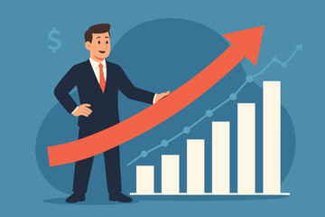 Successful businessman with financial growth chart and upward arrow. Concept of corporate profit, investment success, and sales increase. Manager character celebrating achievement.