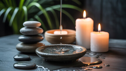 Still life of spa arrangement with candles stones and water creating a peaceful atmosphere