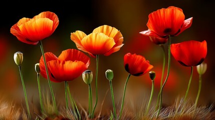 Obraz premium Bright red and orange poppies bloom in a natural garden setting with a dark background