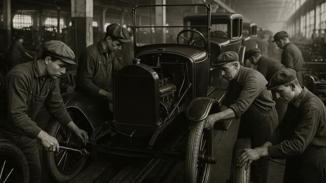 Vintage Factory Workers on Automobile Assembly Line in Early 20th Century Industrial Production Setting
