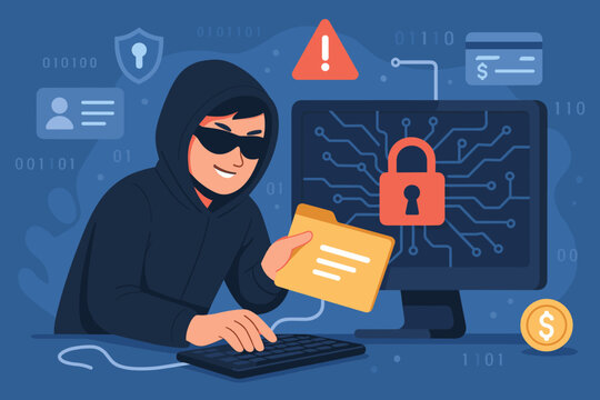 Hacker at computer stealing data concept. Cybercrime illustration with man in hoodie committing internet fraud. Phishing, online scam, password and credit card information theft.