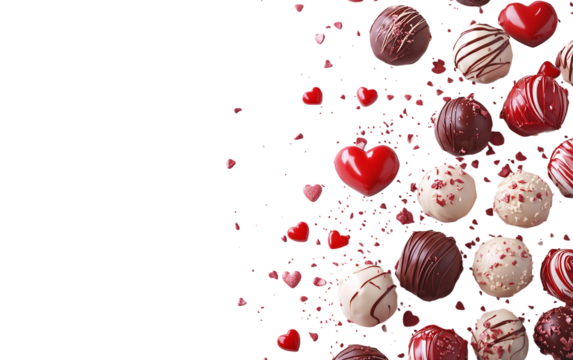 Valentines Day chocolate truffles beautifully arranged in a romantic heart pattern isolated on transparent background PNG - Powered by Adobe