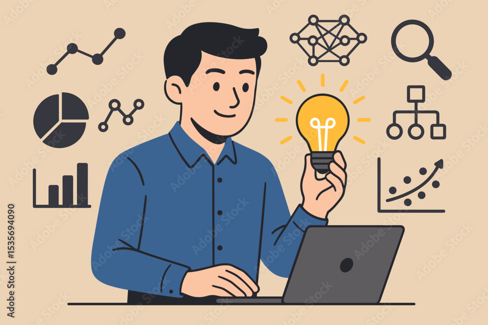 Poster data analysis and business intelligence concept. man with laptop holds lightbulb, symbolizing an ide