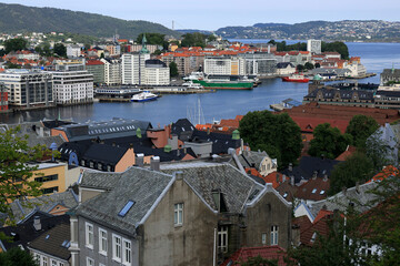 Panoramic aerial view of part of the city of Bergen with historic and modern buildings and Bergen...