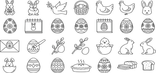 Easter Vector Icon Set Adjustable Line Weight Bunny, egg, chicken, celebration, spring, painted, dove, cross, chick, holiday, food, flower, decoration, basket icons.