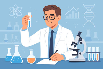 Scientist in laboratory conducting medical research. Male researcher in white coat holding test tube, writing report. Healthcare innovation, biotechnology, and scientific experiment.