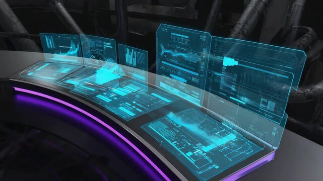 Interactive technology in a futuristic control room showcasing advanced holographic displays and data visualization at night