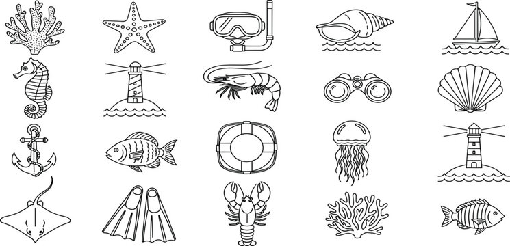 Marine Life Vector Icon Set Adjustable Line Weight Fish, coral, shell, starfish, jellyfish, lighthouse, anchor, seahorse, crab, snorkeling, underwater, diving, ocean icons