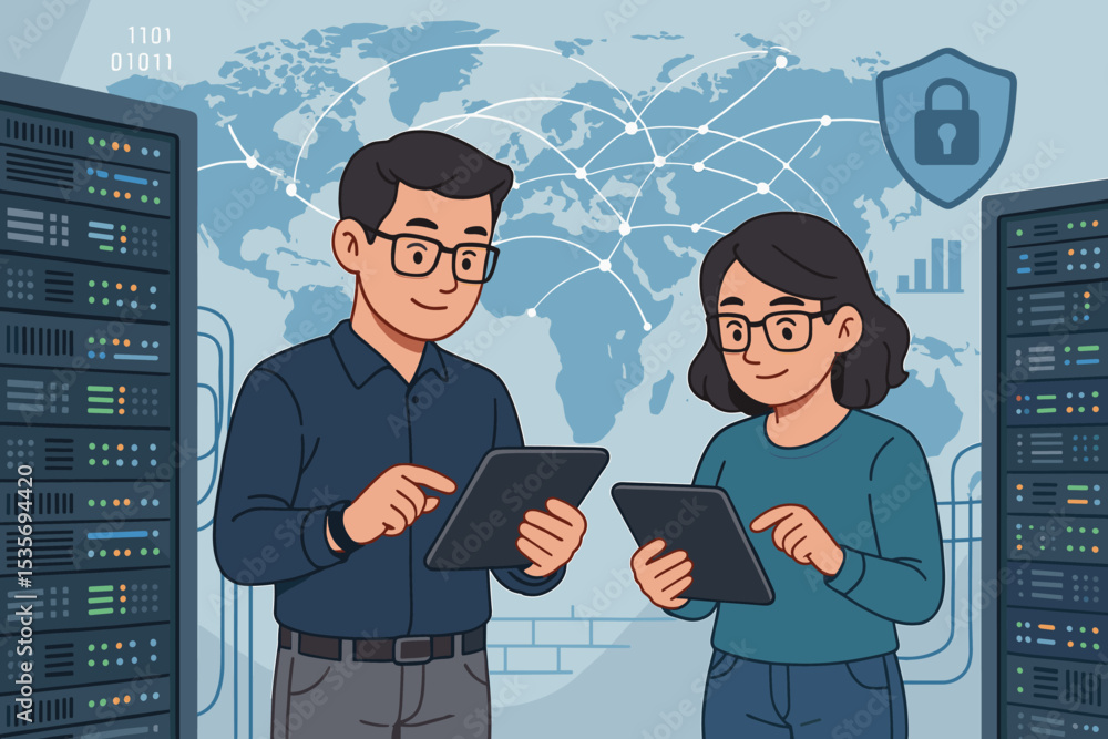 Poster it specialists work in a data center. network engineers manage servers using tablets. concept of glo