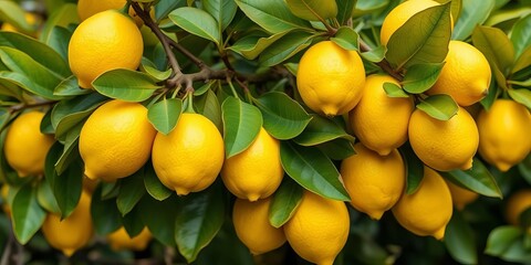 Vibrant yellow lemons on a green branch with leaves,  background,   lemon tree