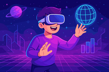 Virtual reality experience. Teenager with VR goggles exploring the metaverse. Futuristic cyberspace with neon lights, planets, and a globe. Gaming and technology concept illustration.