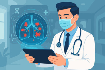 Doctor with mask uses tablet for lung analysis. Pulmonology concept. Diagnosis of respiratory disease, virus infection, pneumonia. Futuristic medical technology and healthcare vector.