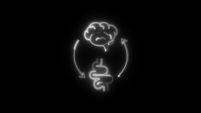 Glowing Brain Gut Icon and Symbol in HD Video Neon Animation on Black Background