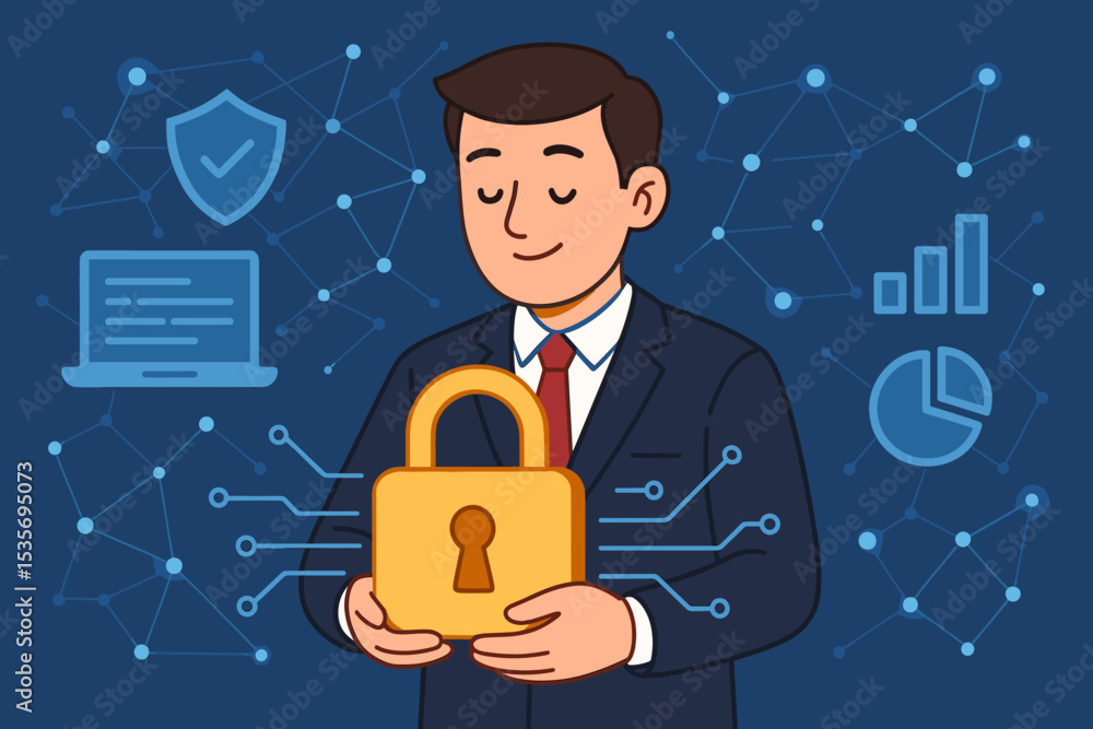 Poster cybersecurity concept with a businessman holding a lock for digital data protection. network securit