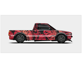Custom Red and Black Pickup Truck Design with Abstract Wrap