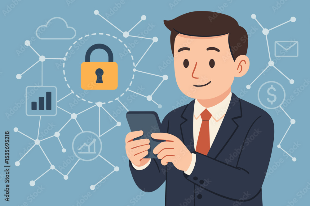 Poster businessman using smartphone for secure online transactions. cybersecurity concept for mobile bankin