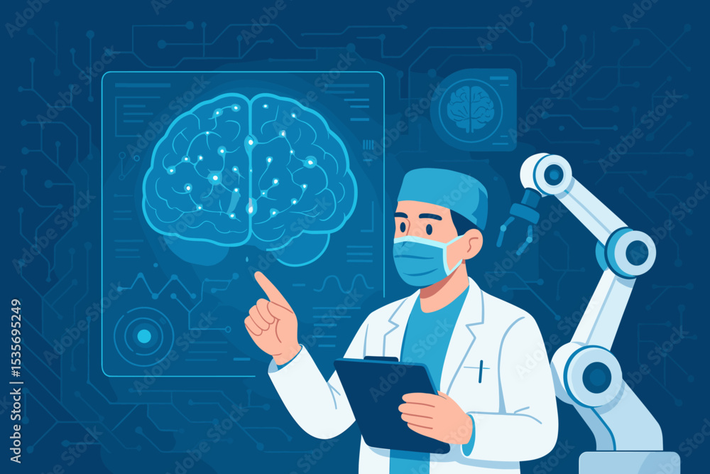 Poster futuristic medical concept with a doctor analyzing a human brain scan on a digital interface. artifi
