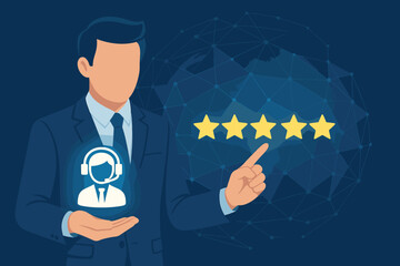 Customer service excellence concept. Businessman hand giving five star rating. Client satisfaction, positive feedback, and quality review. Call center, helpdesk, support agent icon.
