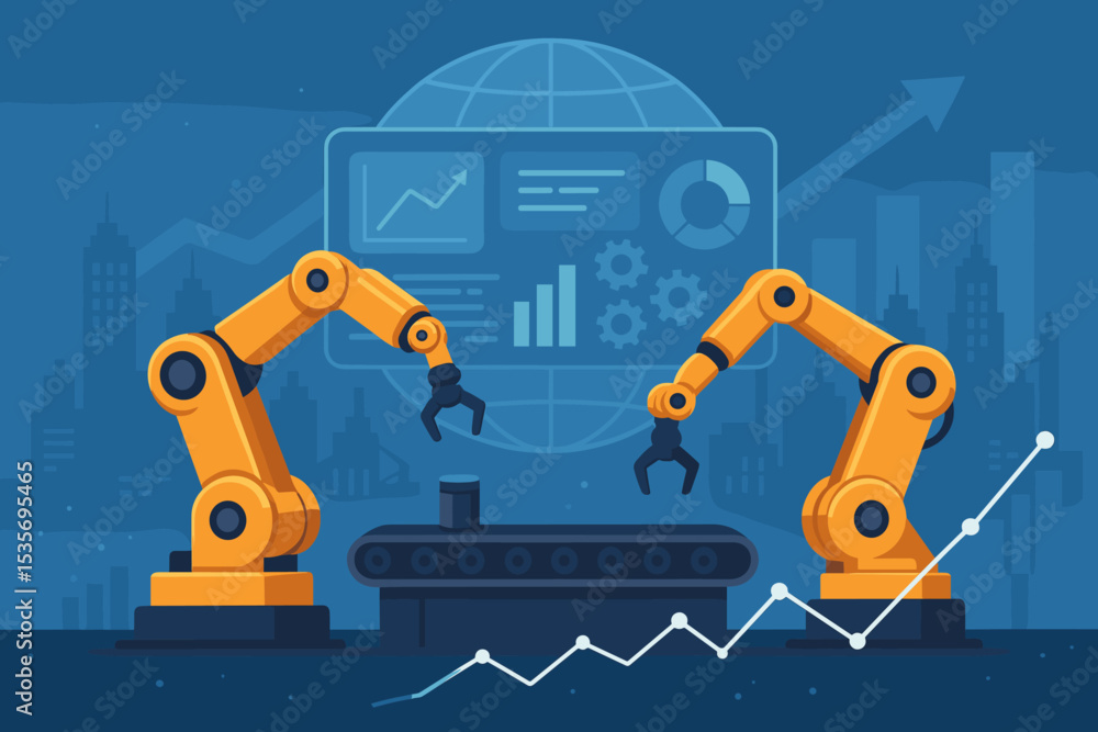 Aufkleber smart factory automation with robotic arms on conveyor belt. industry 4.0 concept with data analytic