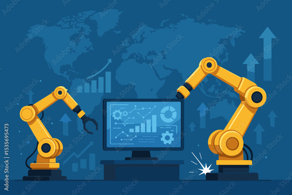 Poster smart robotic automation concept. industrial robot arms working on global business analytics. indust