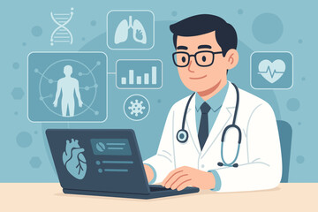 Doctor at computer using innovative technology for medical diagnosis. Healthcare professional analyzing patient data on futuristic interface. E-health, telemedicine concept vector.