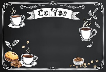 Vintage chalkboard coffee menu with hand-drawn coffee cups, pastries, and beans,  template,  muffin