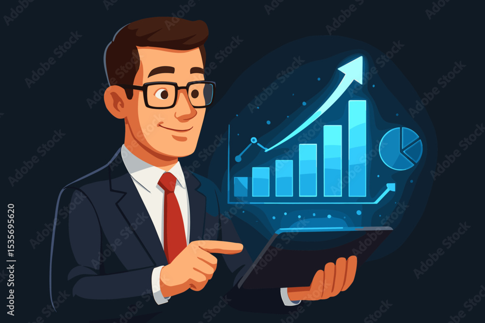 Aufkleber manager with a tablet analyzes a futuristic hologram interface with a growing bar chart and statisti