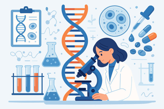 Genetic research and biotechnology concept with female scientist. Doctor in lab coat with microscope studies DNA, cells, and develops new medicine for healthcare innovation. Vector.