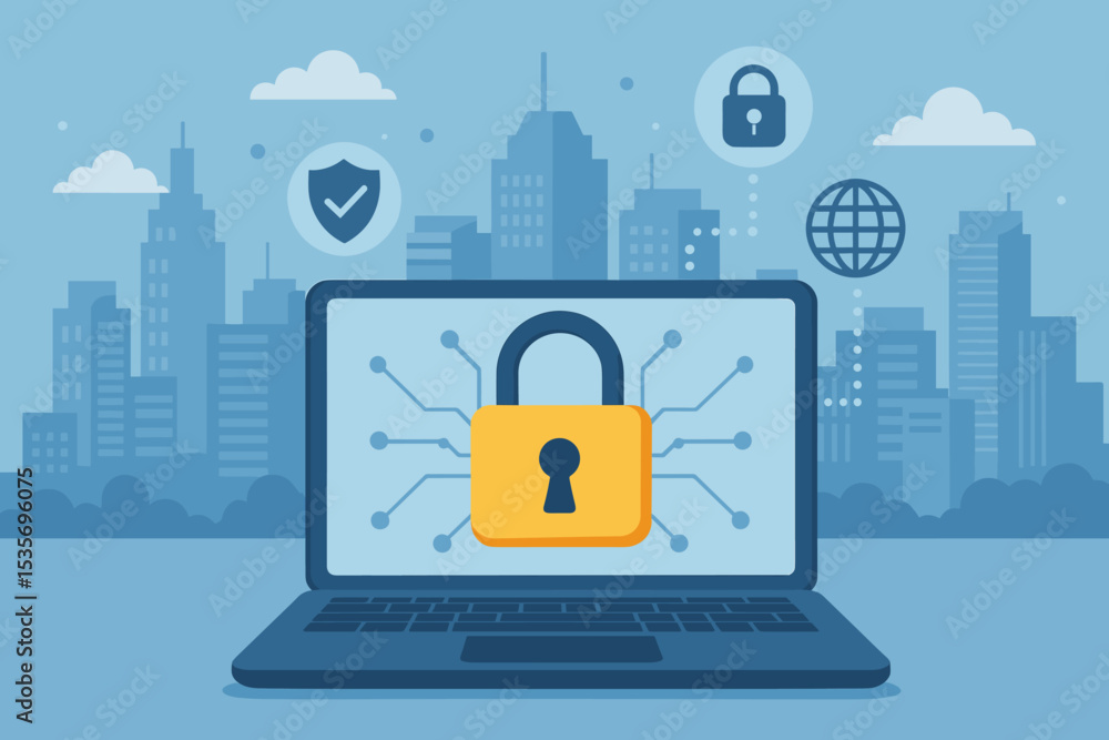 Poster laptop security concept with padlock icon on screen. cybersecurity and data protection vector illust