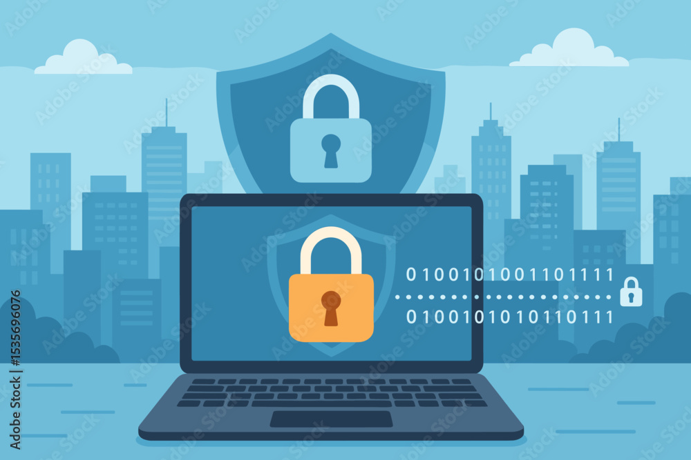 Poster laptop computer security concept with padlock icon and shield. cybersecurity, data protection and in