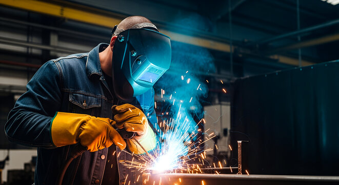 Close-Up of Welding Process with Bright Sparks – Skilled Tradesman in Action in a Factory Environment

