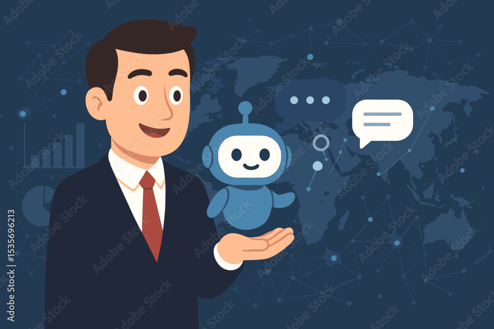 Poster businessman holding ai chatbot assistant for customer service and technical support. concept of arti