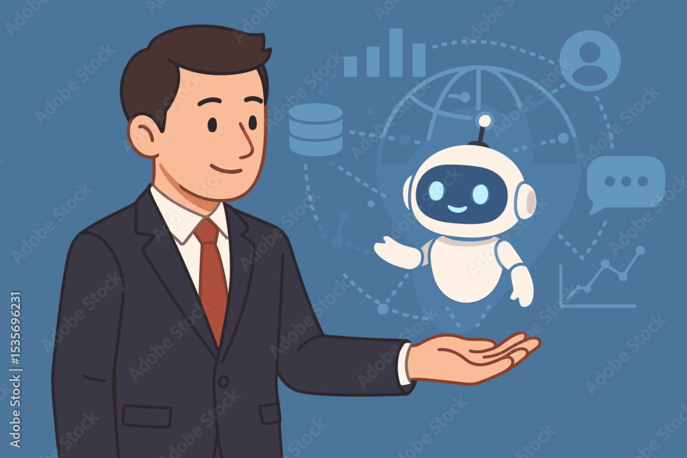 Poster ai chatbot assistant concept. businessman holding a robot for customer support and service. artifici