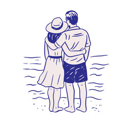 Romantic Couple On Beach Shoreline Love Retro Sketch Whimsical Doodle Illustration