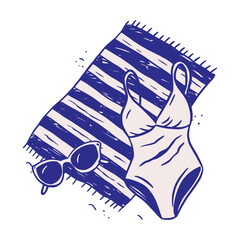 Swimsuit, Sunglasses And Towel On Beach Retro Sketch Whimsical Doodle Illustration