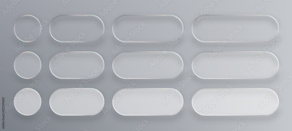 Poster Many white liquid glass vector buttons in different shapes. UI interface element with blur effect. Modern web design. 