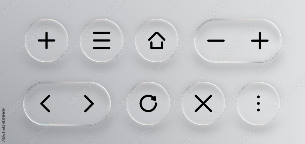 Poster Set of liquid glass vector icons. Modern ui ux element with transparent buttons. Realistic glassmorphism style for web application design.
