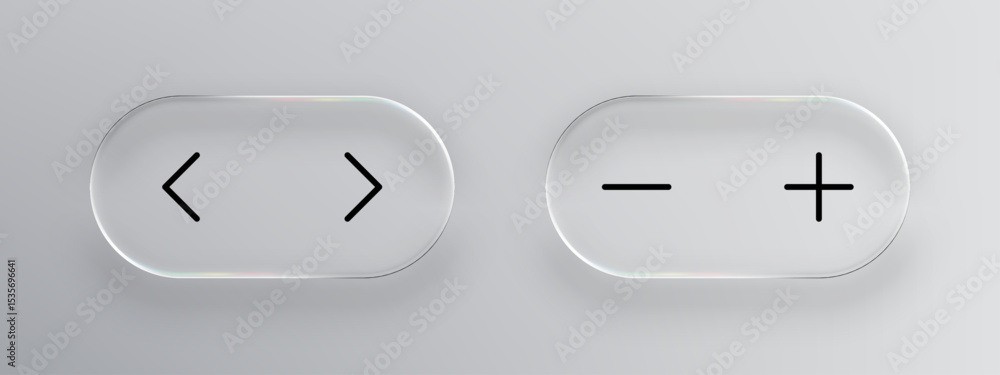 Fototapete Liquid glass arrow and plus minus icons. Modern app design element for user interface. Realistic glasmorphism style button for web or mobile application. Vector graphics.