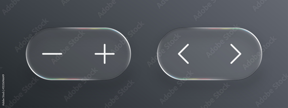 Poster Liquid glass button with plus and minus symbols besides left and right arrows for user interface design. Vector graphics.