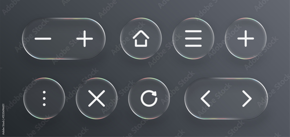 Aufkleber Liquid glass UI kit with various web and app icons. Minimalist user interface elements for modern design. Technology vector illustration.