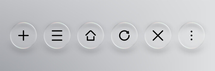 Obraz premium Glass vector buttons with plus symbol, menu, home, refresh, close, and ellipsis for app interface design. Web element for mobile navigation display.