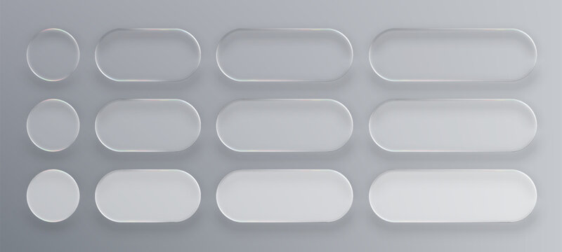 Many white liquid glass vector buttons in different shapes. UI interface element with blur effect. Modern web design. 